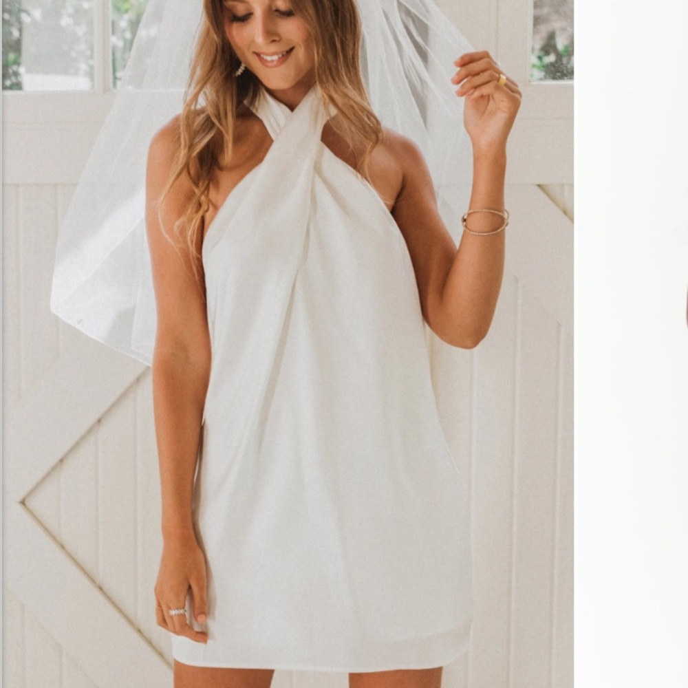 Show Me Your Mumu Jasmine Halter Mini Dress in Ivory Luxe Satin XL
